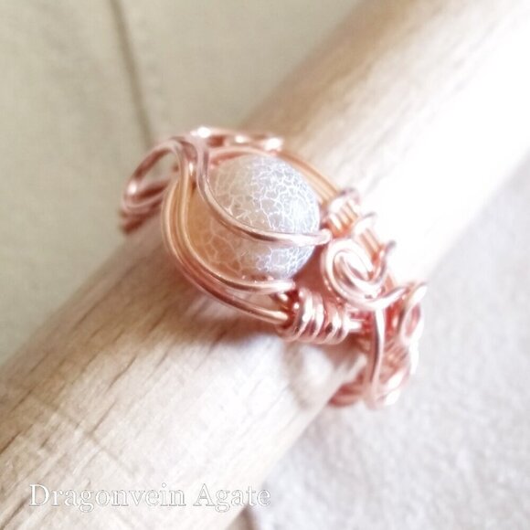 Honey + Tan Frosted Dragonvein Agate + Copper Wire Wrap Ring - Generous Size 9 - Picture 8 of 9